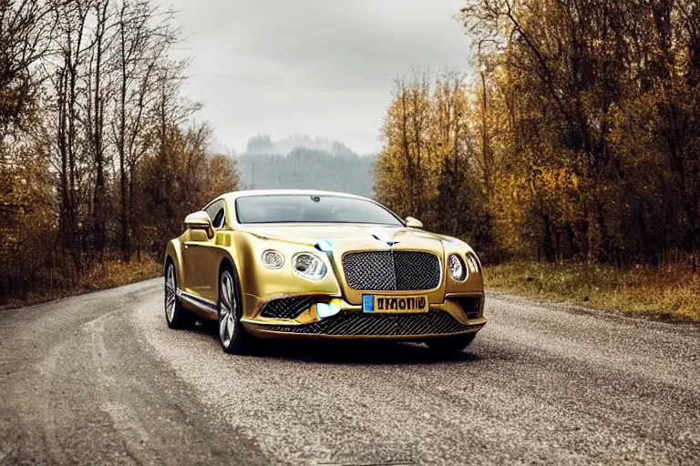 Image similar to Bentley Continental GT in shiny gold film drives along old Russian village road