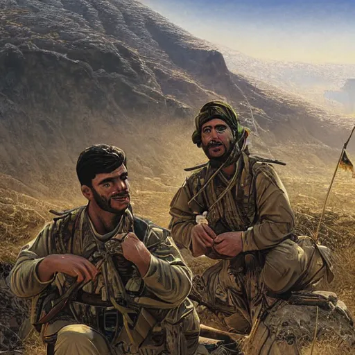 Image similar to a kurdish peshmerga kurdish mountains art by martin ansin, highly detailed, 8 k, high resolution, award winning art, incredibly intricate