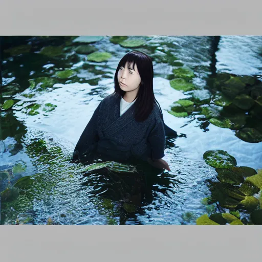 Prompt: portrait of a young japanese woman looking at koi fish in a pond, dim volumetric lighting, 8 k octane beautifully detailed render, post - processing, extremely hyper - detailed, intricate, epic composition, cinematic lighting, masterpiece, trending on artstation, detailed detailed detailed, stunning art by anders zorn, wonderful masterpiece by greg rutkowski, beautiful cinematic light