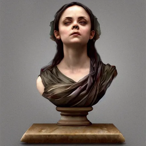 Prompt: beautiful lifelike award winning marble statue bust of christina ricci trending on art station artgerm greg rutkowski alphonse mucha museum quality cinematic atmospheric