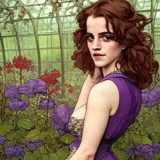 Prompt: a stunning matte portrait of a thicc and voluptuous emma watson dressed as a beautiful poison ivy wearing a floor length purple dress walking through a flowering garden, greenhouse in the background, intricate, elegant, highly detailed, digital painting, artstation, sharp focus, illustration, art by rebecca guay and arthur rackham and alphonse mucha and john william waterhouse, pixv