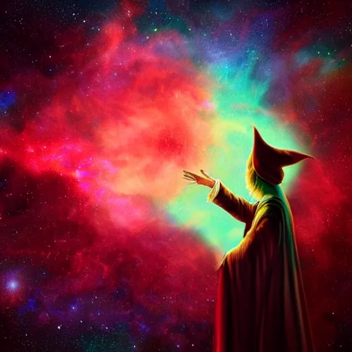 Image similar to Wizard floating through a nebula pondering their orb, highly detailed, featured