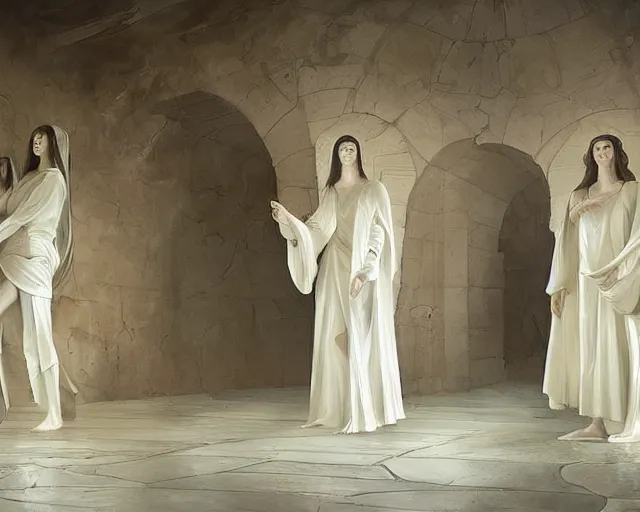 Prompt: inside a tomb, light coming in from the left, 2 angels with wings | 3 women in robes, fibonacci composition, by artgerm, greg rutkowski, craig mullins