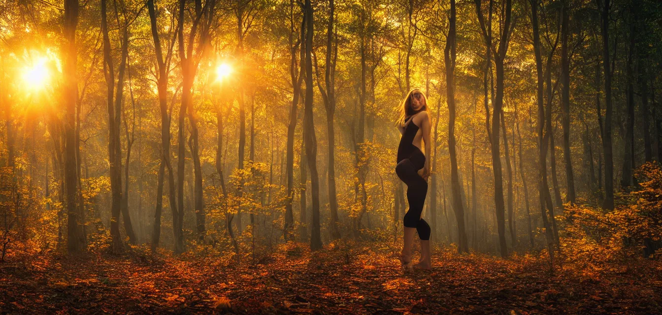 Image similar to bodyscapes. intense promiseful happiness, autumn sunrise warm hdri forest light