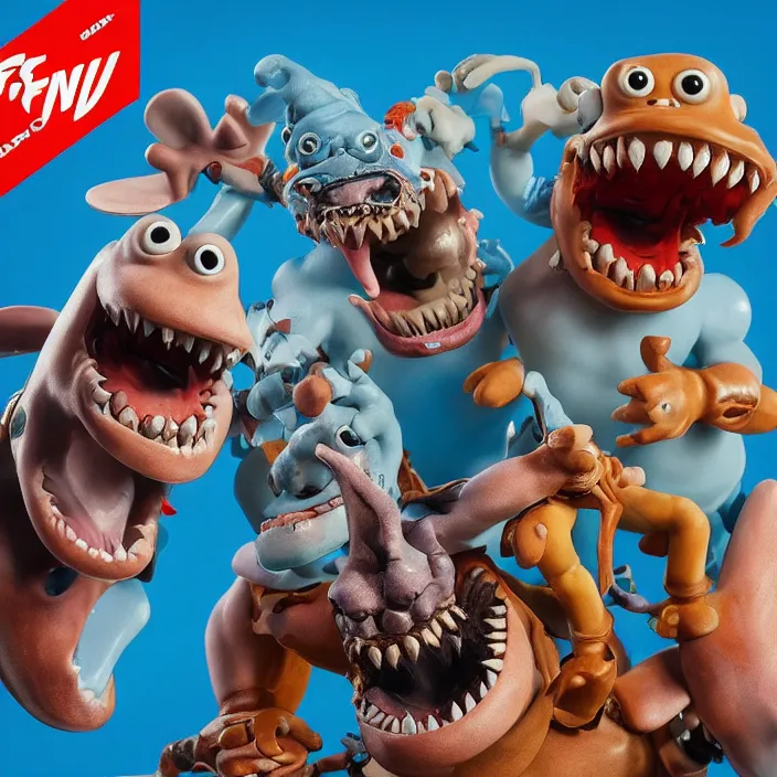 Prompt: jeff koons style street sharks in wallace and gromit, ultra realistic, concept art, intricate details, serious, highly detailed, photorealistic, octane render, 8 k, unreal engine, art by todd mcfarlane and artgerm and greg rutkowski and alphonse mucha