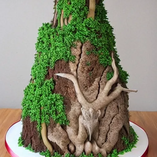Prompt: a cake with an intricate forest scene on top made out of icing