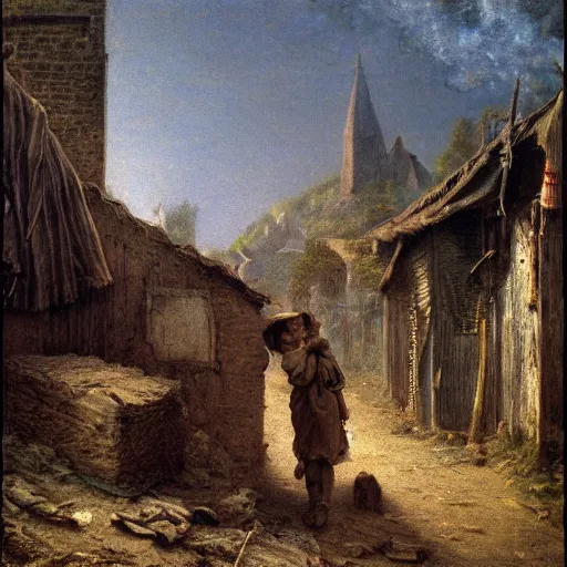 Image similar to jean francois millet as slum neighborhood on lord of the ring, random content position, human face details with, emotion, environment contents detail, incrinate, rgb color