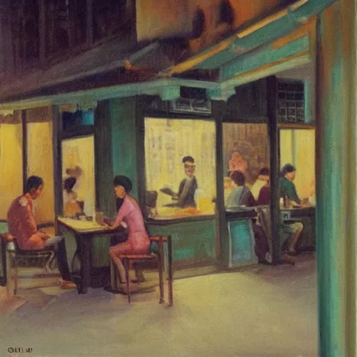 Image similar to Hopper painting of people in a cafe at night in Kowloon Walled City, Hong Kong