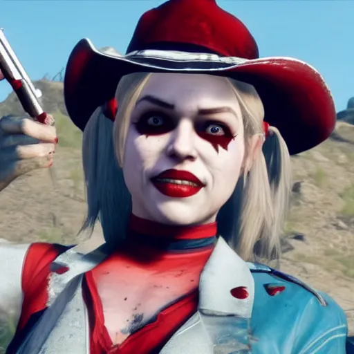 Image similar to Film still of Harley Quinn, from Red Dead Redemption 2 (2018 video game)