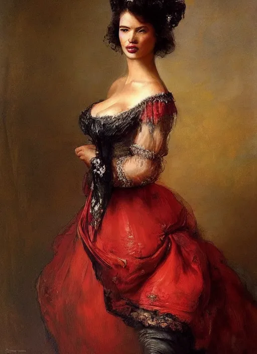Prompt: a beautiful woman with victorian dress, adriana lima. by rembrandt 1 6 6 7, illustration, by konstantin razumov