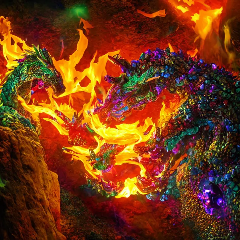 Image similar to a 3d artistic photo of a cave dragon blowing fire using its mouth to the sparkly colorful crystals in the cave