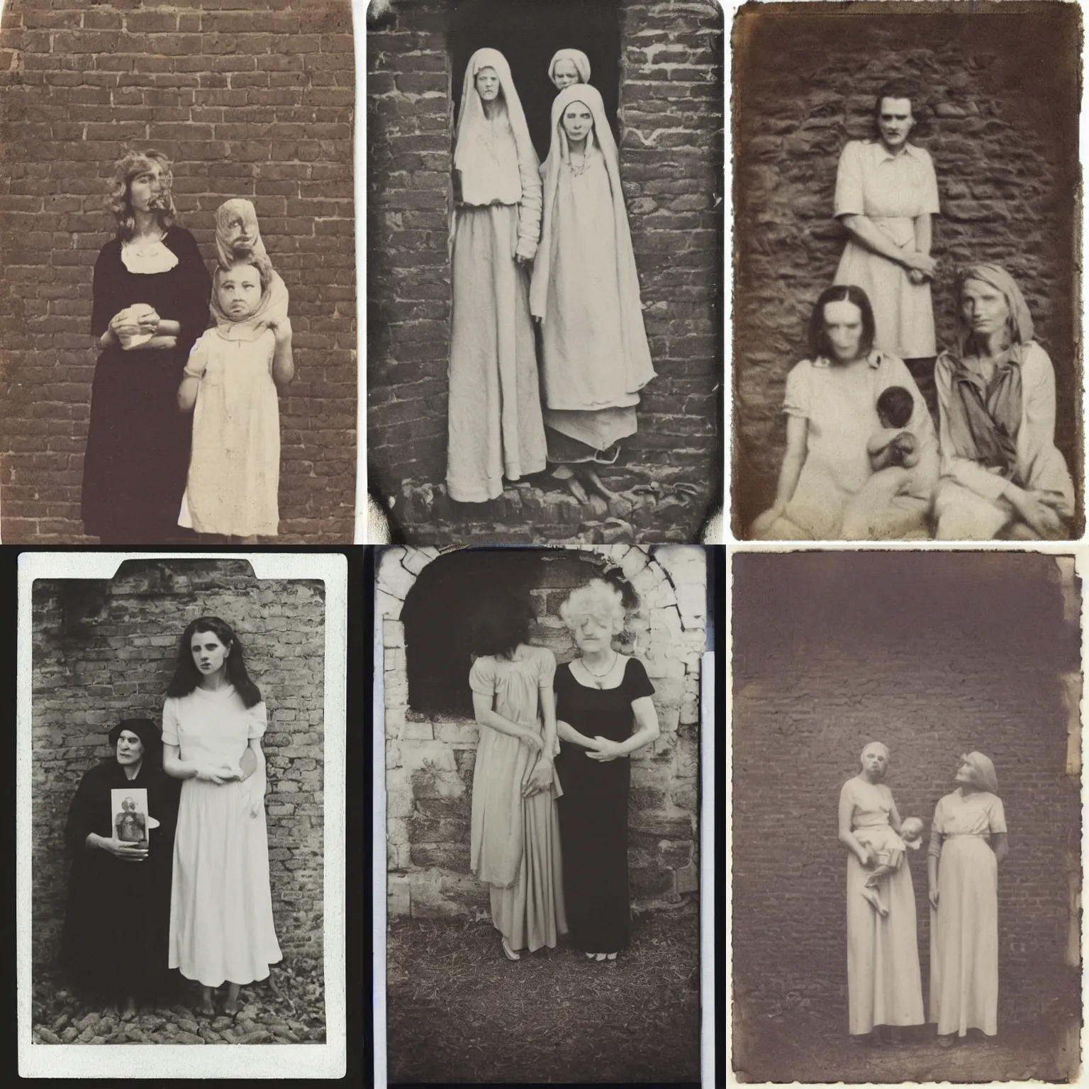 Prompt: le djeuner sur lherbe a polaroid photo two women standing next to each other near a brick wall 1950 mother-in-law movie still angelic photograph tintype photograph madonna and child grandmother pinterest contest winner by Claude Cahun