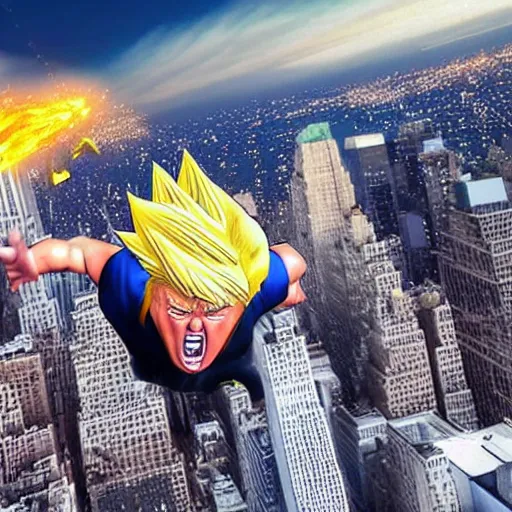 Prompt: photorealistic of an hyper realistic super sayan trump flying in the sky and prepare a kamehameha above new york city. accurate and high details on trump's face. intricate, highly detailed, unreal engine 5.