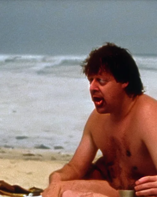 Image similar to film still close - up shot of boris johnson drinking a beer on the beach from the movie monty python's the meaning of life. photographic, photography