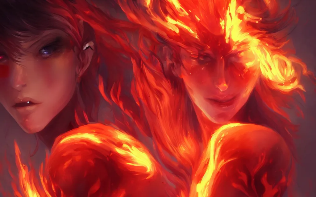 Image similar to A realistic anime portrait of a beautiful fire spirit twins with glowing red eyes and firey skin wearing clothes made of flames, digital painting, by Stanley Artgerm Lau, Sakimichan, WLOP and Rossdraws, digtial painting, trending on ArtStation, SFW version