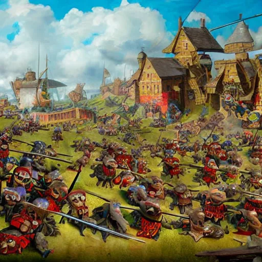 Image similar to muppet siege warfare, epic battle painting with extreme detail, very wide panorama