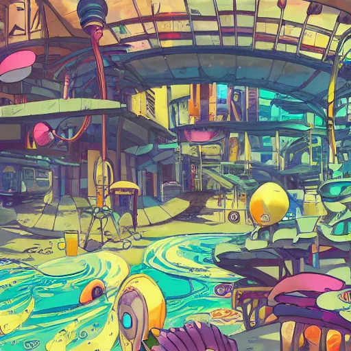 Image similar to anime background of an undersea slums shopping district built from various sea shells and corals, seaweed, light prisms, light diffraction, steampunk, cyberpunk, cool colors, caustics, anime, vhs distortion, inspired by splatoon by nintendo, art created by miyazaki studio ghibli