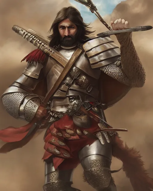 Image similar to ultrarealistic portrait of a spanish conquistador in battle, symmetrical, by daniel zrom and mingchen shen, studio ghibli color scheme, detailed, handsome, anatomy, sharp focus, photography, magic : the gathering, octane, cinematic lighting, facial features, jungle, clear face