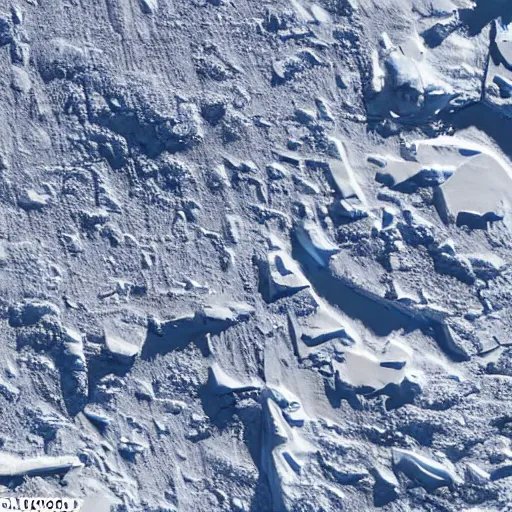 Image similar to sattelite image of post pocaliptic snow antarctica from 250 meters height, only snow, old lumber mill remains, few boozes with wood and supply