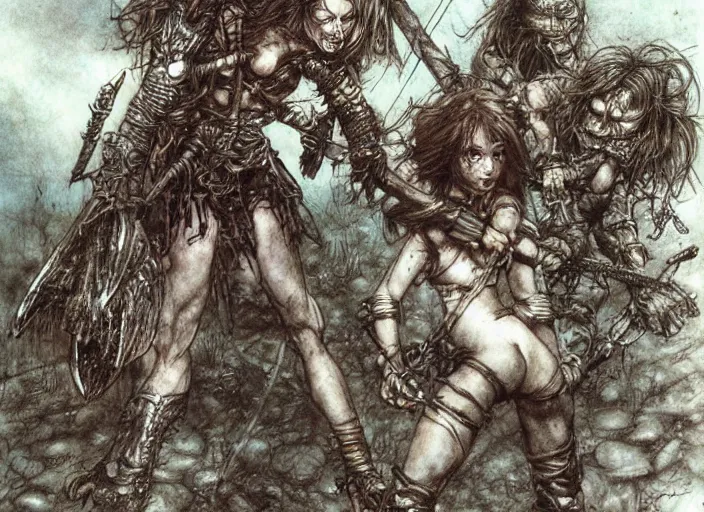 Image similar to bald barbarian girl fighting small cute goblins by Luis Royo and Ian Miller