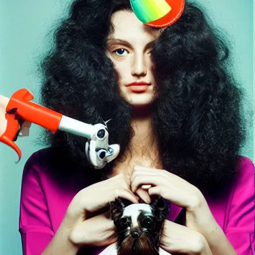 Image similar to a studio portrait of a beautiful fashion model that is curling her hair and hir dogs in the curls. surreal photograph, lo - fi, polished look, silly and serious, hermes ad, fashion photography, toiletpaper magazine, 3 5 mm photograph, colourful, by pierpaolo ferrari, maurizio cattelan