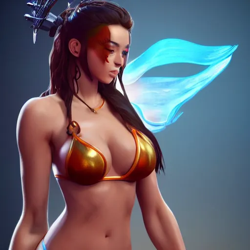 Image similar to very beautiful female latin warrior in a bikini, happy appearance, ioyful vibe and lighting, cgsociety, artstation, in the style of artgerm