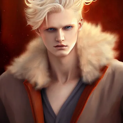 Prompt: digital art of a pale menacing male Cyborg Angel of Battle with fluffy blond curls of hair and piercing eyes, johan liebert mixed with Dante, central composition, he commands the fiery power of resonance and wrath, very very long blond curly hair with bangs, baroque curls, by rossdraws and WLOP, Artstation, CGsociety