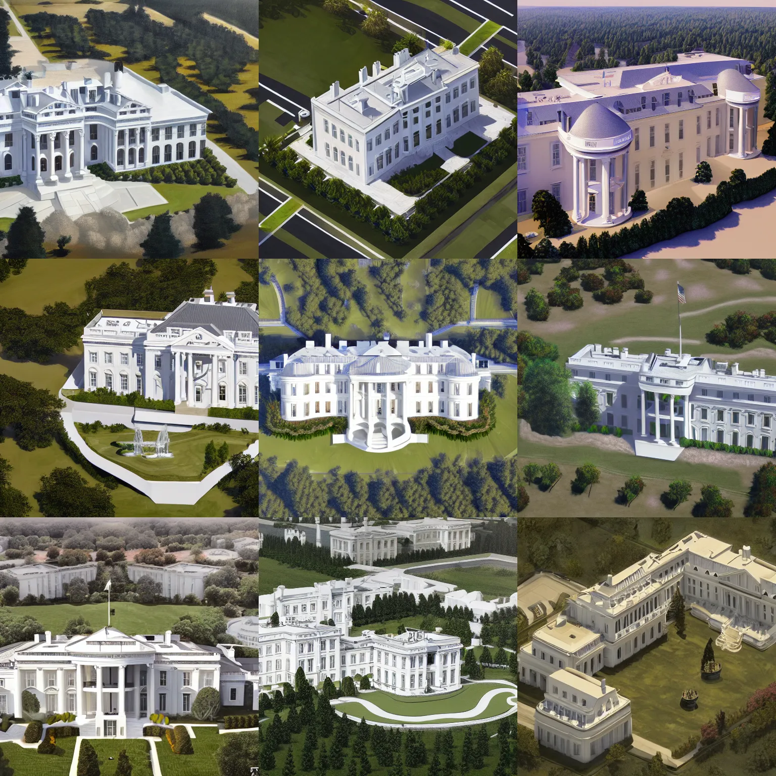 Prompt: opening of the new more luxurious larger deluxe pristing white house, with more floors, oil on canvas painting trending on artstation high octance render aerial view