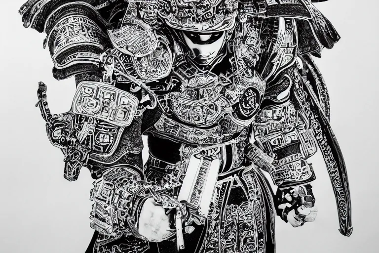 Prompt: ink on paper black and white cyber samurai, intricate, very detailed, soft lighting, 8 k hd