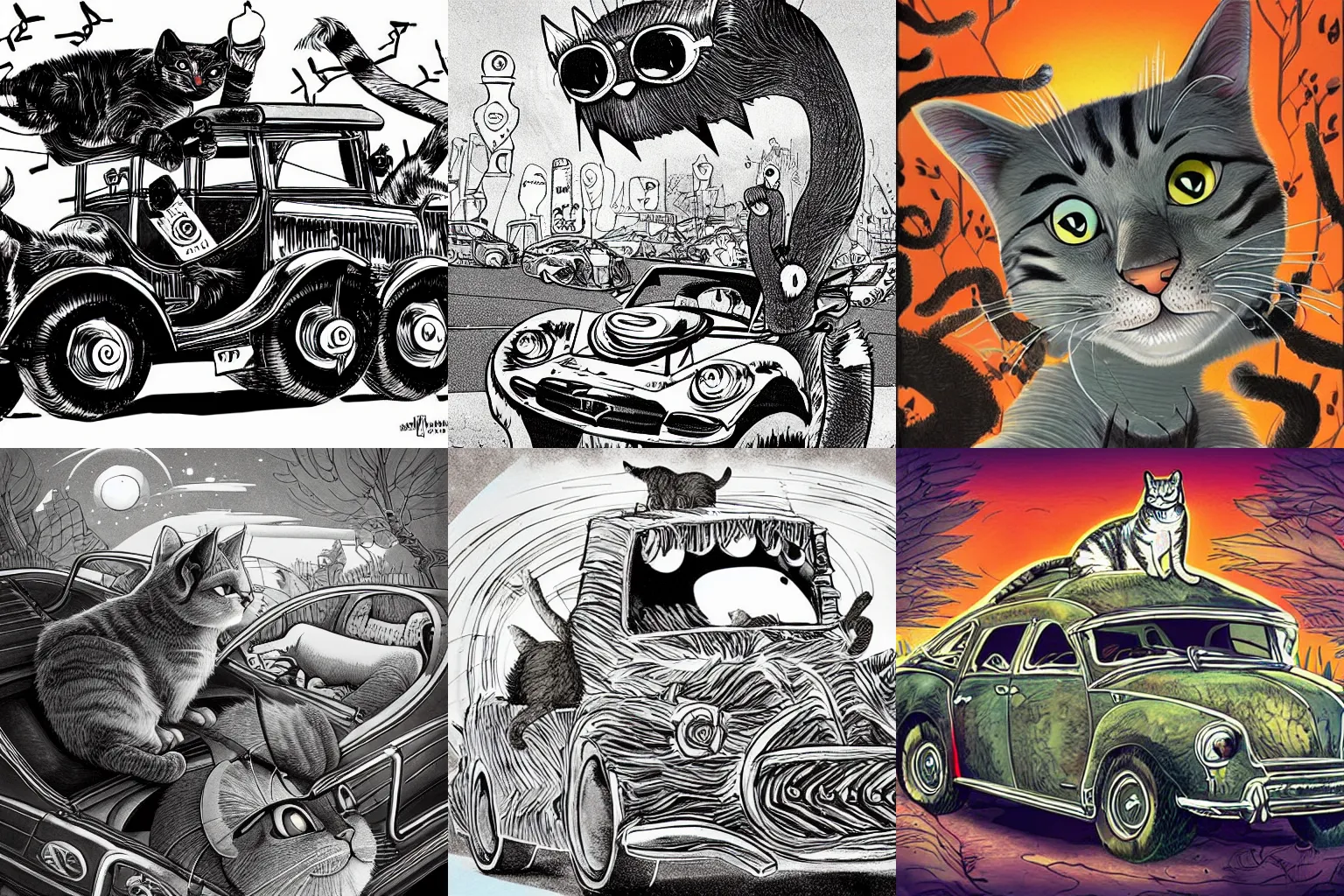 Prompt: a cat car, trending, dynamic lighting, stark contrasts, detailed and intricate environment, art by dr suess, illustration