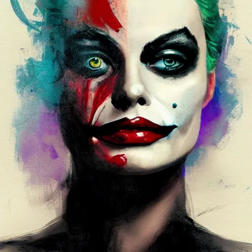 Image similar to portrait of margot robbie with light joker make up, artwork by guy denning and charlie bowater,