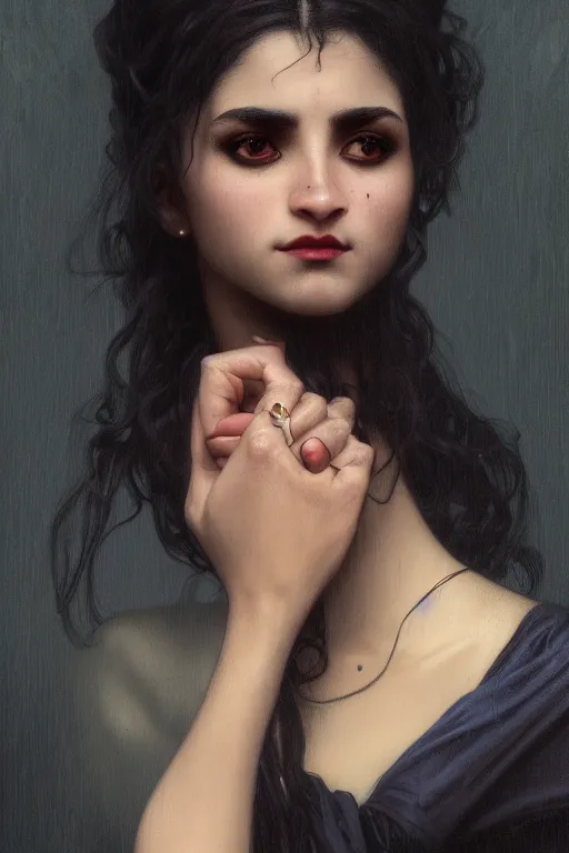 Image similar to 3 / 4 portrait, vampire, brown skin, night, long black hair, prussian blue shirt, beautiful, victorian salon as the background, bloodied mouth, jewelry, alphonse mucha, william bouguereau, rossdraws, greg rutkowski, super detailed, realistic, octane render, volumetric, cinematic, 8 k