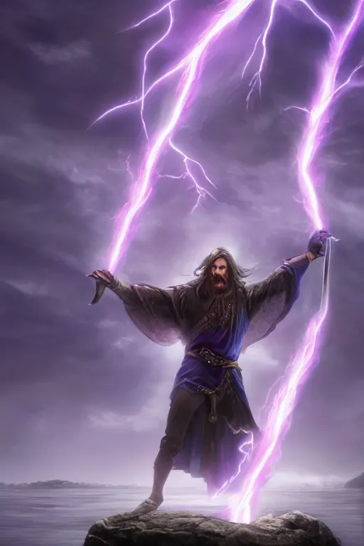 Image similar to fantasy, hyper realistic mystical wizard holding a sword that’s pointed towards the sky, sword is getting shocked by purple lightning, wizard is levitating over a lake, reflection, octane, trending on artstation, highly detailed, by Frank frazetta, 8k