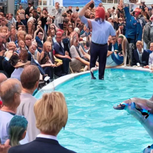Prompt: a politician with a dolphin head talking to a crowd of Americans