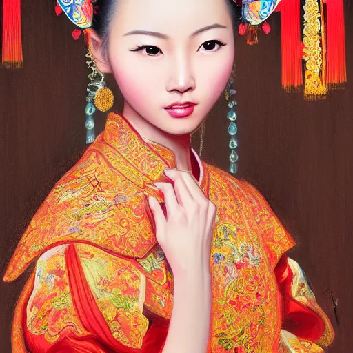 Image similar to A masterpiece portrait of a Incredibly beautiful Chinese girl in national luxurious clothes . Very colorful. Chinese lantern on background. medium shot, intricate, elegant, highly detailed. trending on artstation, digital art, by Stanley Artgerm Lau, WLOP, Rossdraws, James Jean, Andrei Riabovitchev, Marc Simonetti, Yoshitaka Amano