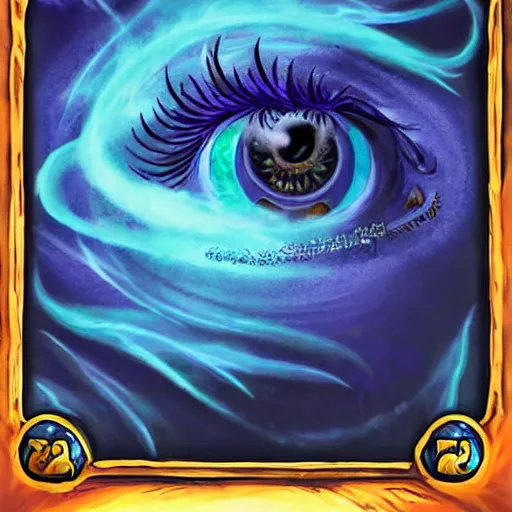 Prompt: blue giant eye magic spell, magic spell surrounded by magic smoke, floating cards, hearthstone coloring style, epic fantasy style art, fantasy epic digital art