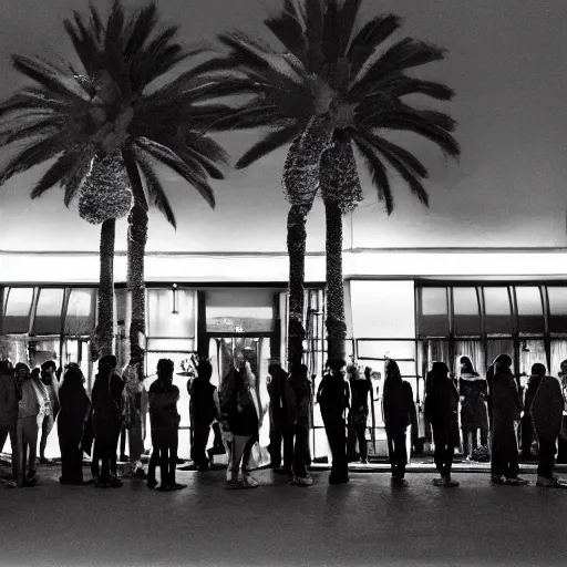 Prompt: a medium shot of a line of people outside of a trendy nightclub at midnight, bouncers at the door of the club, palm trees on the street as well as expensive luxury cars, directed by christopher nolan