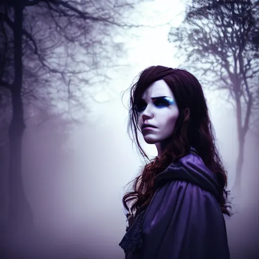 Image similar to portrait brunette PANDORA, Captivating, solemnly, New Tales of the Vampires character, Highgate cemetery, face centred, fog, volumetric lighting, beautiful, blueish moonlight, sharp focus, ultra detailed, cgsociety