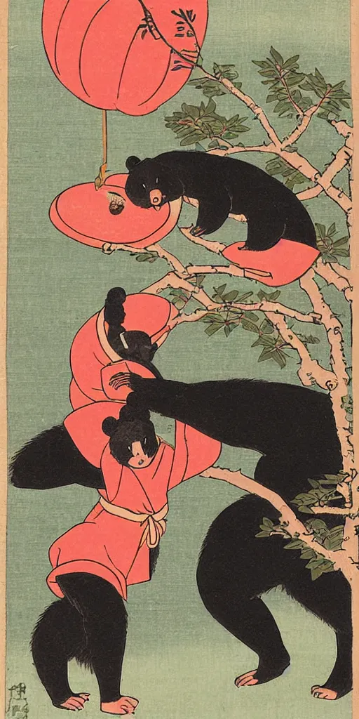 Prompt: ukiyo - e of an anthropomorphic asian black bear lifting up a small girl wearing a kimono to pick an apple from a branch above their heads, in the style of top 1 0 japanese artists