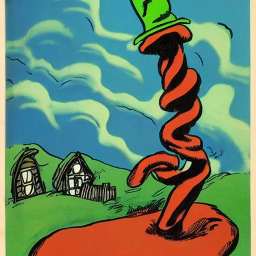 Prompt: picture of a landscape by dr seuss | horror themed | creepy