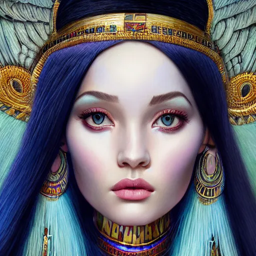 Prompt: tom bagshaw, very beautiful genetic mix of dove cameron madison beer bella poarch in a priestess egyptian dress, randomly lustrous colored hair, egyptian makeup, professionally retouched, focus eyes, ultra realistic soft painting, insanely detailed linework, symmetrical accurate intricate features, behance artstation, 8 k