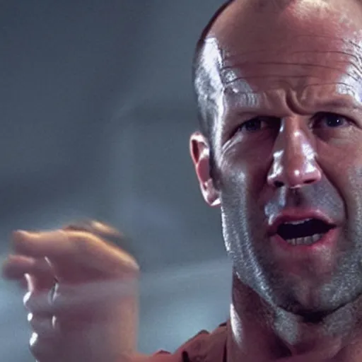 Image similar to film still of jason statham as cop in diehard movie, cinematic screen, middle shot