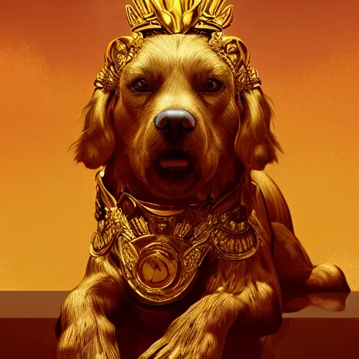 Prompt: golden dog sitting on a fiery throne, stylized, artgerm, artstation, hd, cgsociety, cgi, realistic, dramatic, cinematic, artistic, trending, detailed