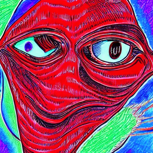 Image similar to drawing of artificial intelligence outsider art style red ballpoint pen