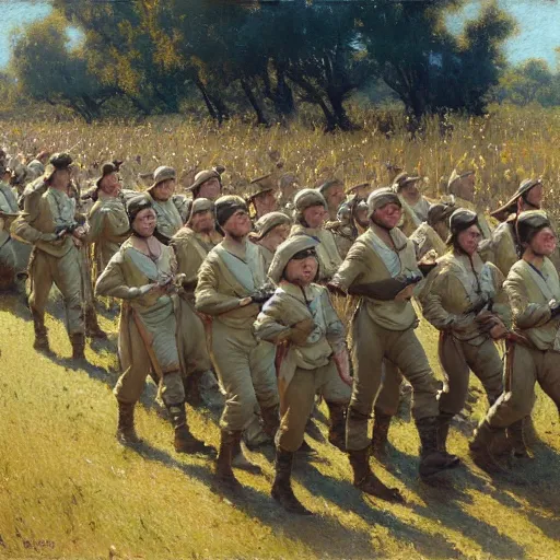 Image similar to detailed wide shot of soldiers marching in the field, spring light, painting by gaston bussiere, craig mullins, j. c. leyendecker