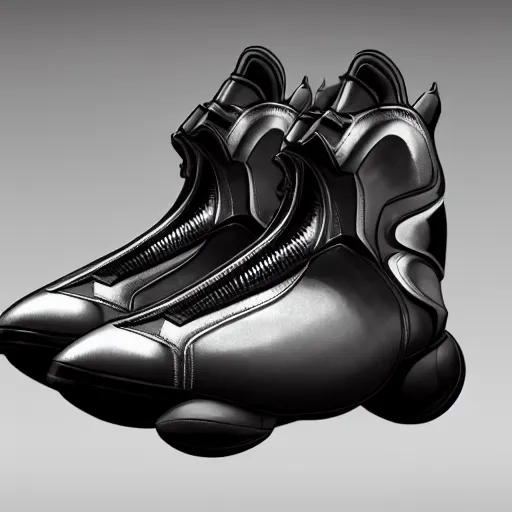 Image similar to futuristic balenciaga and vetements sneakers in giger style on gradient background, ultra rendered extreme realism and detail, 8 k, highly detailed, realistic, completely framed, pbr, hyper realistic, photorealistic, sharp focus,