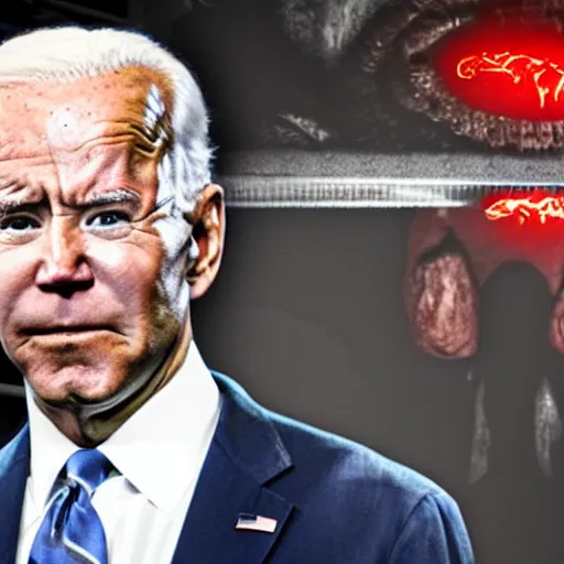 Image similar to hyper realistic terror photo Doom horror furious glowing red eyes biden