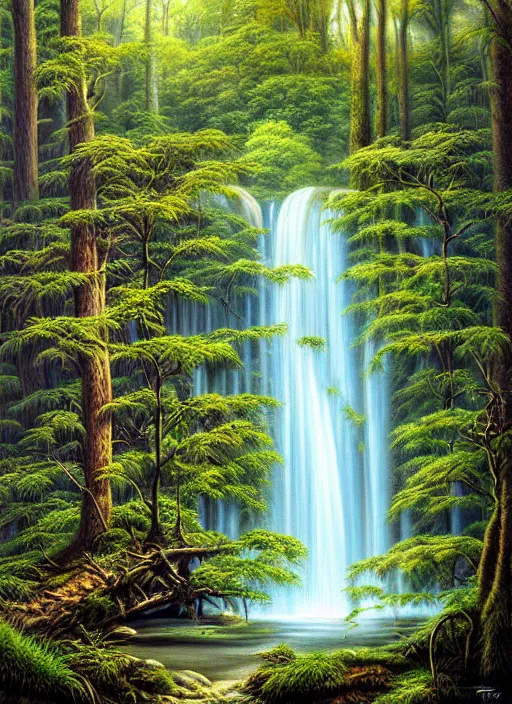 Prompt: waterfall in a forest, an airbrush painting by terry redlin, deviantart, metaphysical painting, airbrush art, detailed painting, oil on canvas