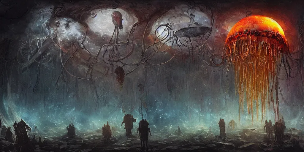 Image similar to concept art of giant translucent glowing jellyfishes, lovecraftian divers helmet, lots of teeth, melting horror, round moon, rich clouds, fighting the horrors of the unknown, high resolution, very detailed, volumetric light, mist, grim, fine art, decaying, textured oil over canvas, epic fantasy art, very colorful, ornate, anato finnstark