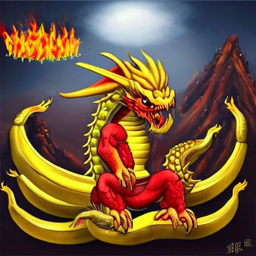 Prompt: Chinese president, bananas weapon, dragon, fight, flaming mountain, painting, epic